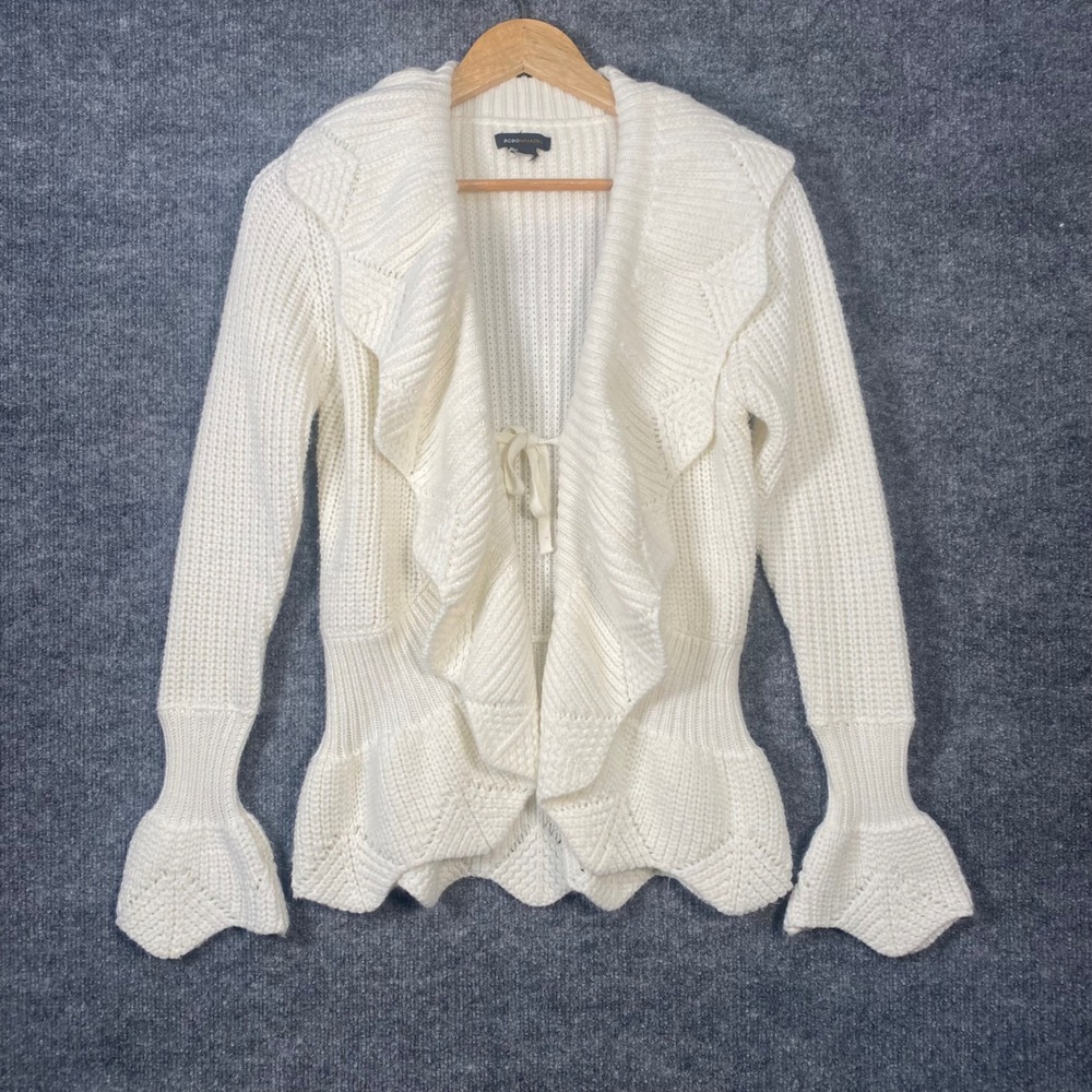 BCBGMAXAZRIA Cardigan Women S Ivory Ruffle Bell Sleeve Tie Front Chunky Knit